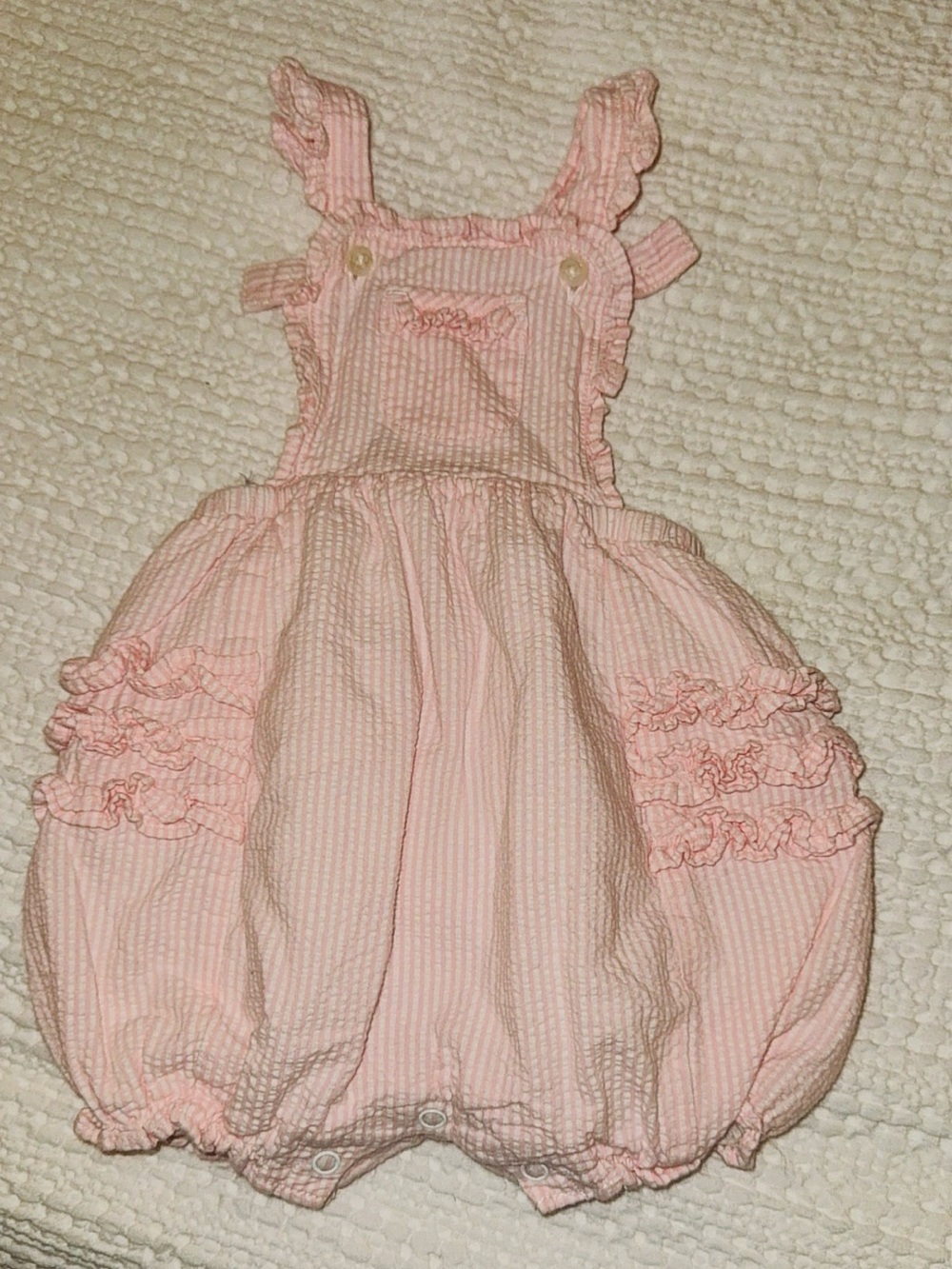 Pristine Janie & Jack Pink Ruffle Seersucker Baby Bubble Romper size 3-6 months